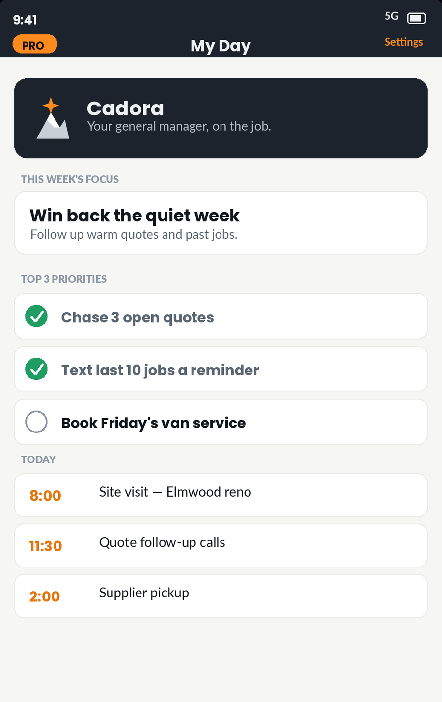 The Cadora My Day screen, showing this week's focus, three priorities and a timed list for today.