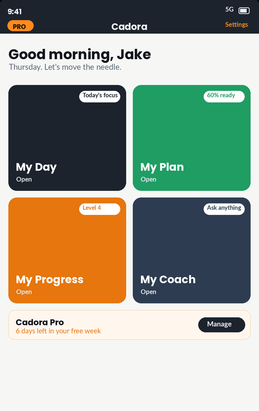The Cadora home screen showing four tiles: My Day with today's focus, My Plan at 60 percent ready, My Progress at level 4, and My Coach.