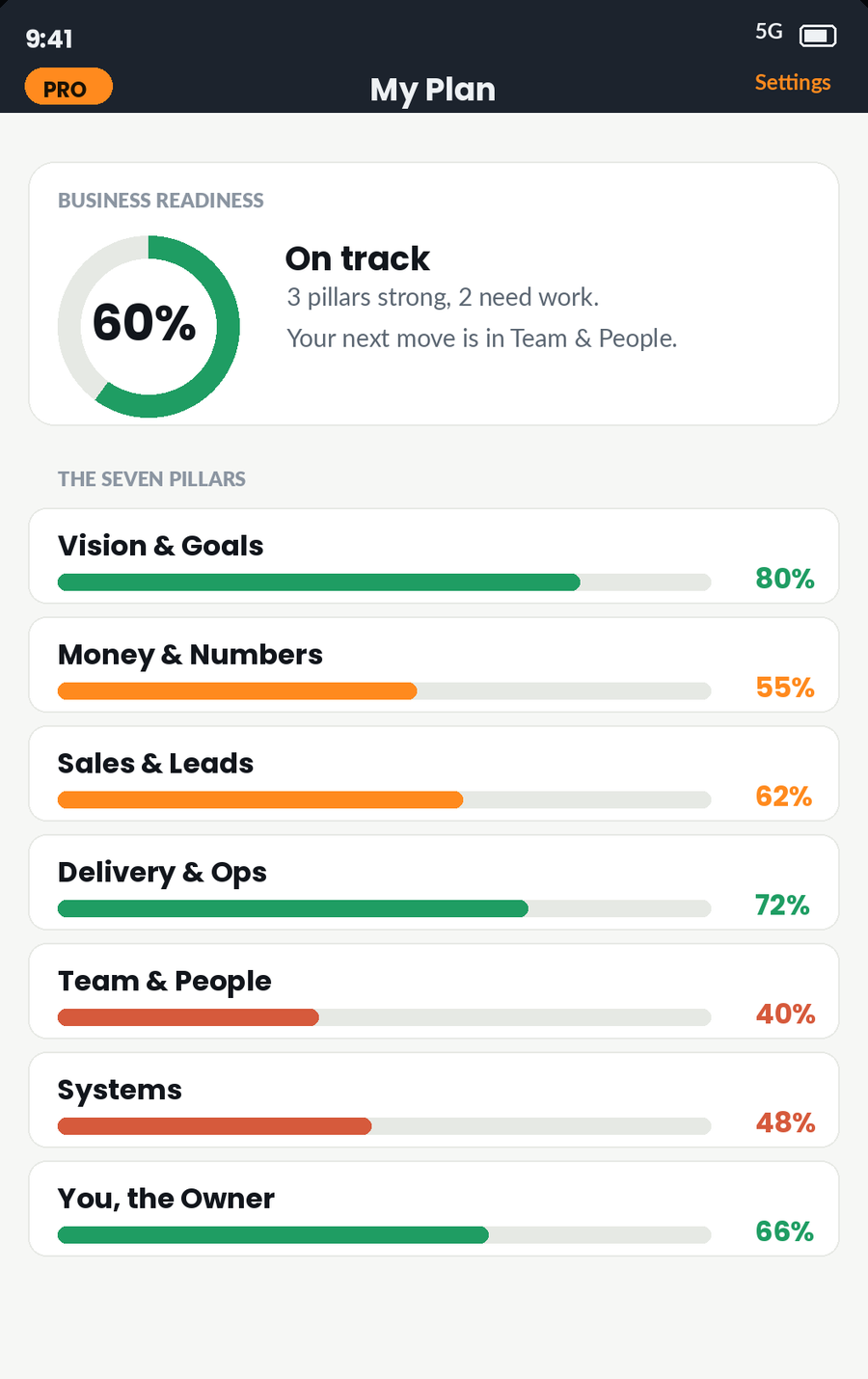 The Cadora plan screen, showing the business scored across pillars with a readiness percentage.