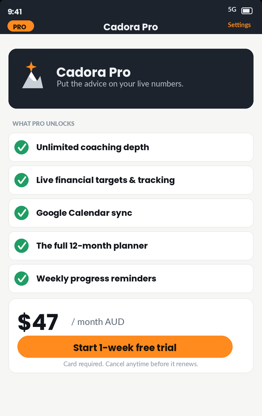 The Cadora Pro screen, showing the subscription price and the connections for calendar, accounting and bank feeds.